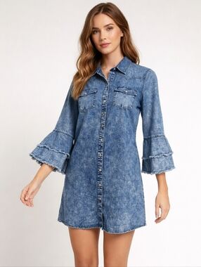 Given Kale Denim Shirt Dress Medium Acid Wash Bell Sleeve Button Front Boho